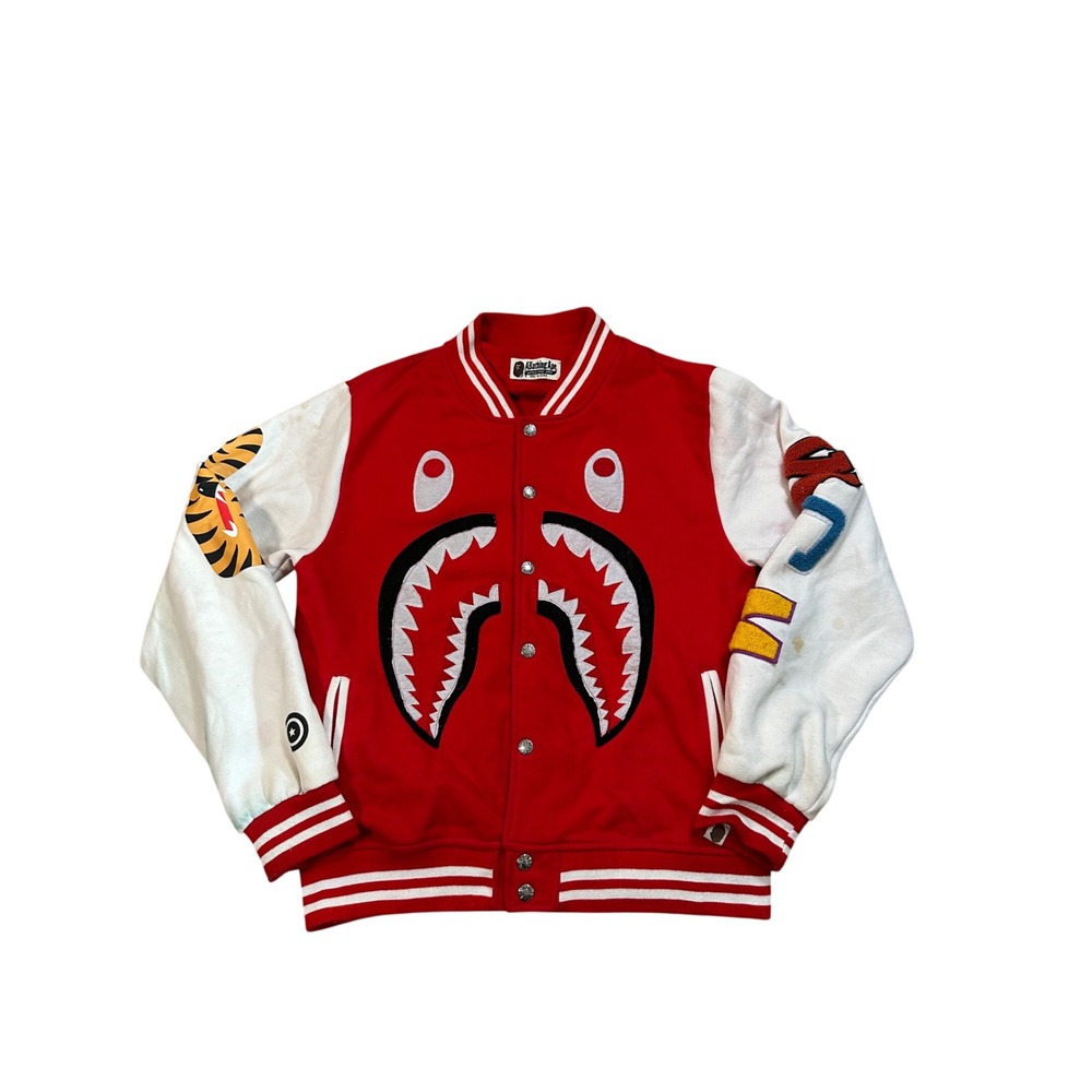 A Bathing Ape BAPE Shark Varsity Jacket Red White Cotton WGM Tiger Mens